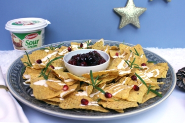 Christmas nachos with cranberry and jalapeno dip