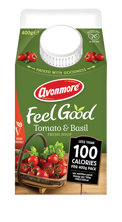an image of avonmore low calorie tomato and basil soup carton