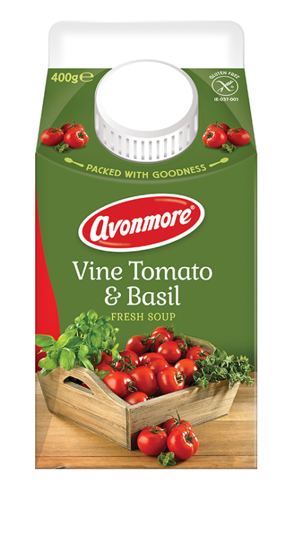 an image of avonmore vine tomato and basil soup carton