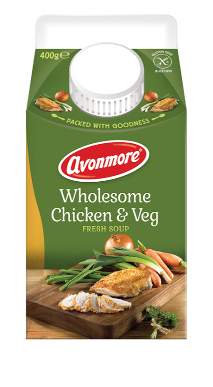 an image of avonmore wholesome chicken and veg soup carton